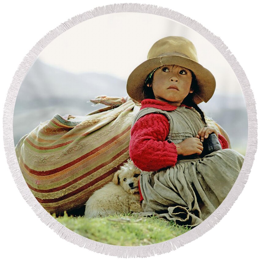 Girl Round Beach Towel featuring the photograph Young Girl in Peru by Victor Englebert