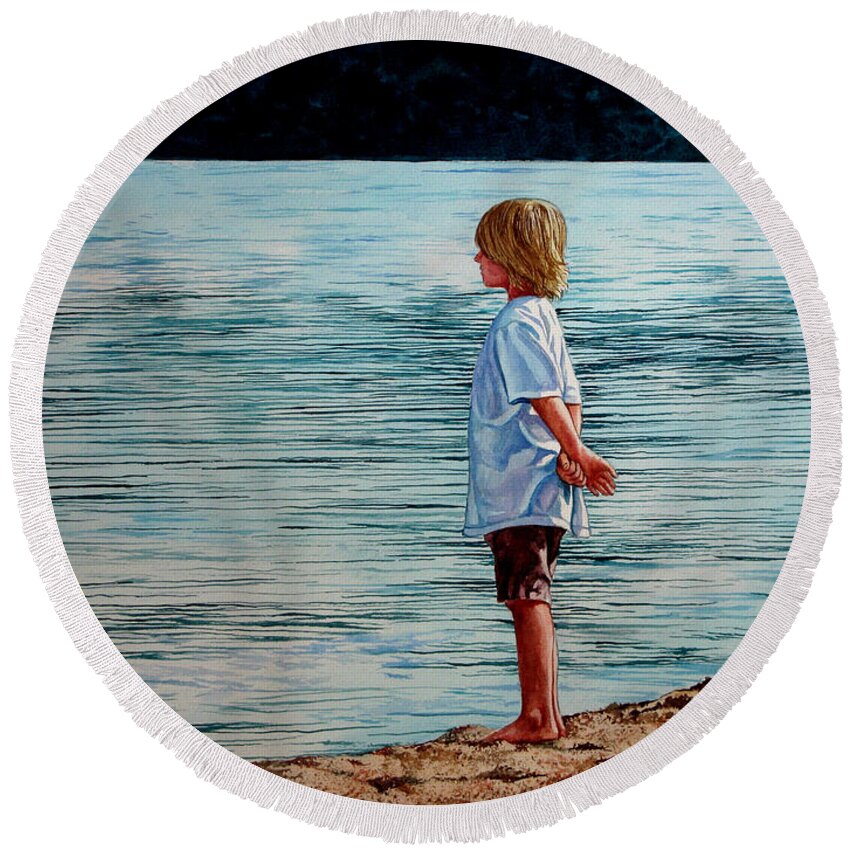 Lad Round Beach Towel featuring the painting Young Lad by the Shore by Christopher Shellhammer