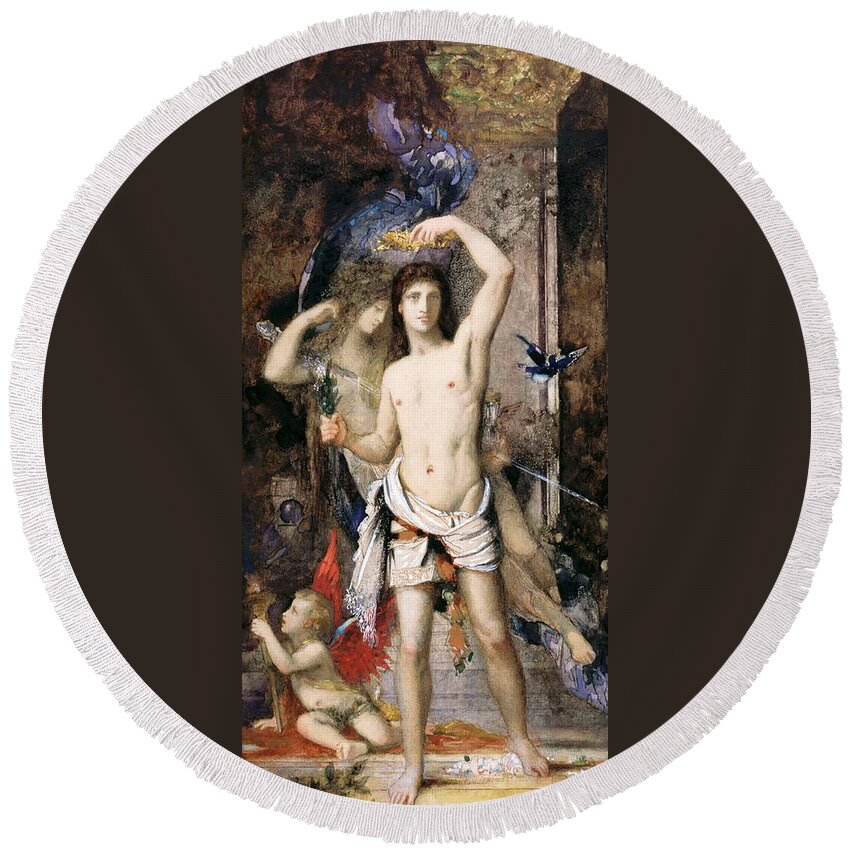 Gustave Moreau Round Beach Towel featuring the drawing Youth and Death by Gustave Moreau