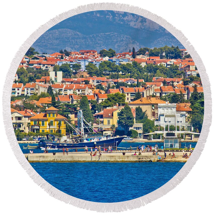Croatia Round Beach Towel featuring the photograph Zadar waterfront sea organs view by Brch Photography