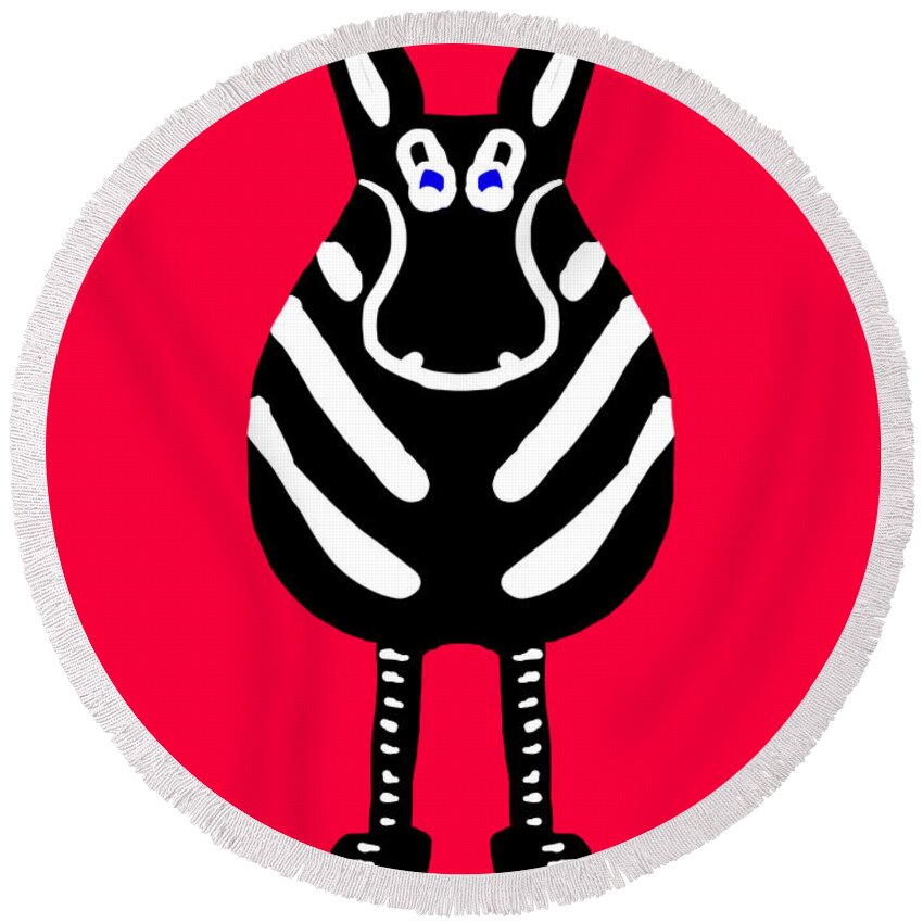Zebra Round Beach Towel featuring the painting Stunning Striped Zebra on Red Background by Barefoot Bodeez Art