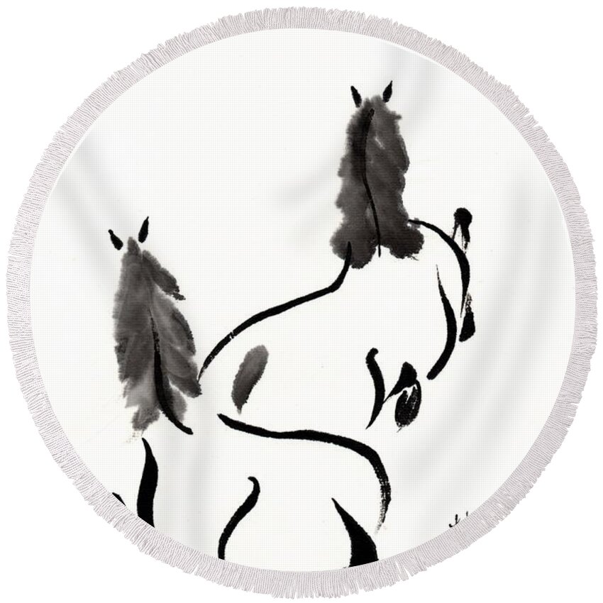 Chinese Brush Painting Round Beach Towel featuring the painting Zen Horses Retired by Bill Searle