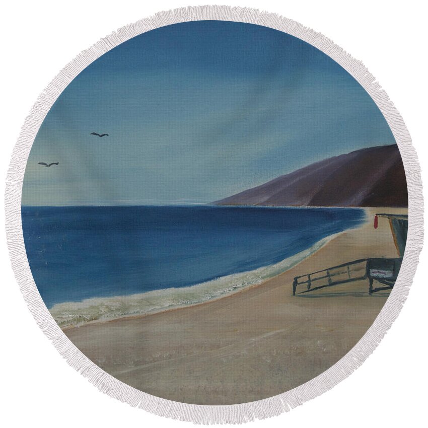 Seabird Round Beach Towel featuring the painting Zuma Lifeguard Tower by Ian Donley