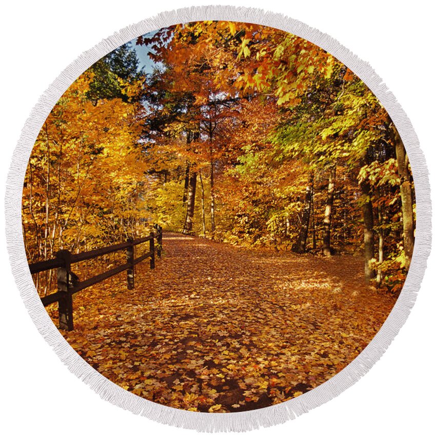 Fall Round Beach Towel featuring the photograph Golden Path by Ron Weathers