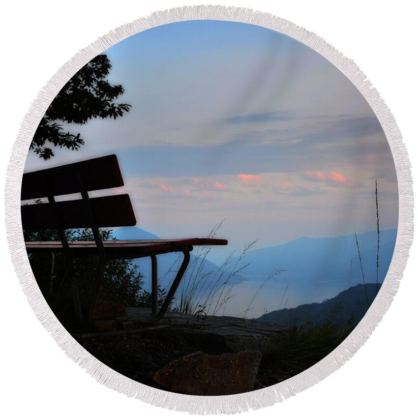 Bench Round Beach Towel featuring the photograph Bench with panorama view #1 by Mats Silvan