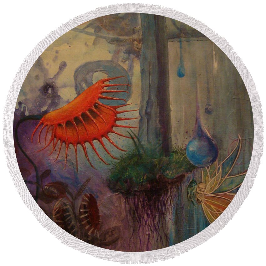 Flytraps Round Beach Towel featuring the painting Birth by Mindy Huntress