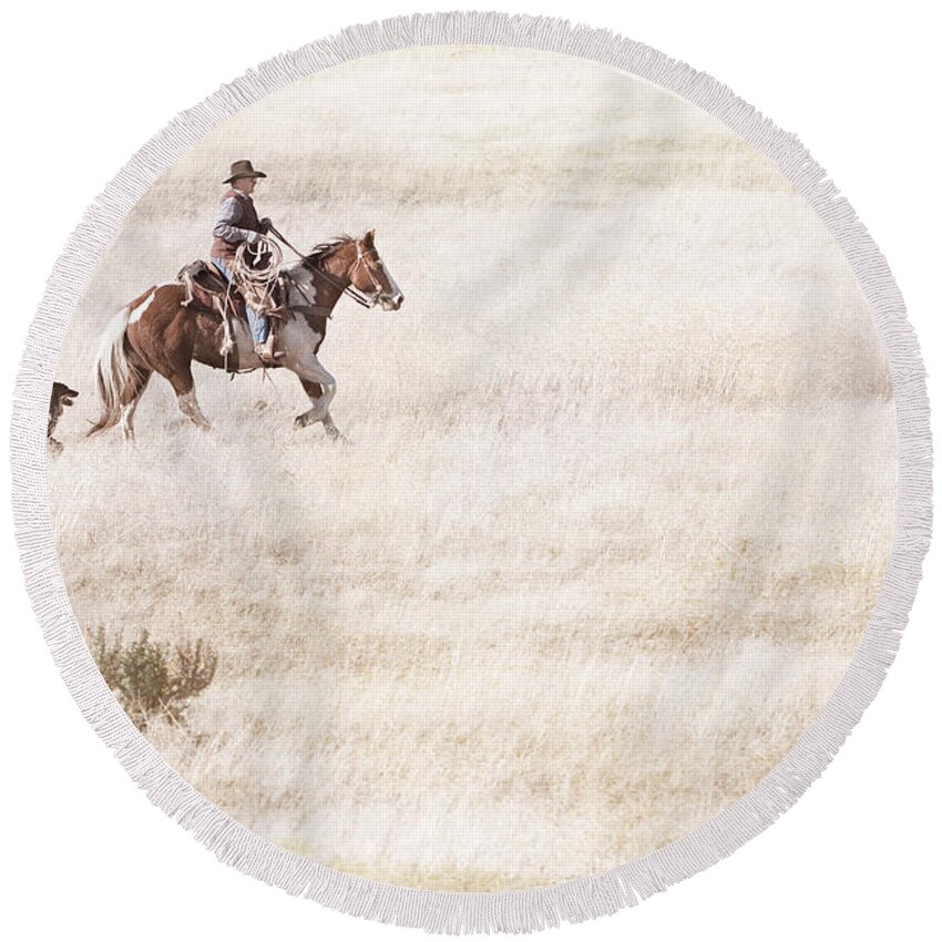 Cowboy Round Beach Towel featuring the photograph Cowboy and Dog #1 by Cindy Singleton