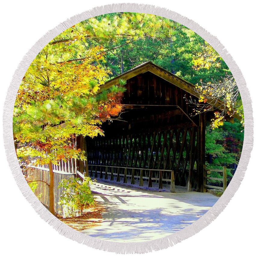 Covered Bridges Round Beach Towel featuring the photograph Enticement #1 by Karen Wiles