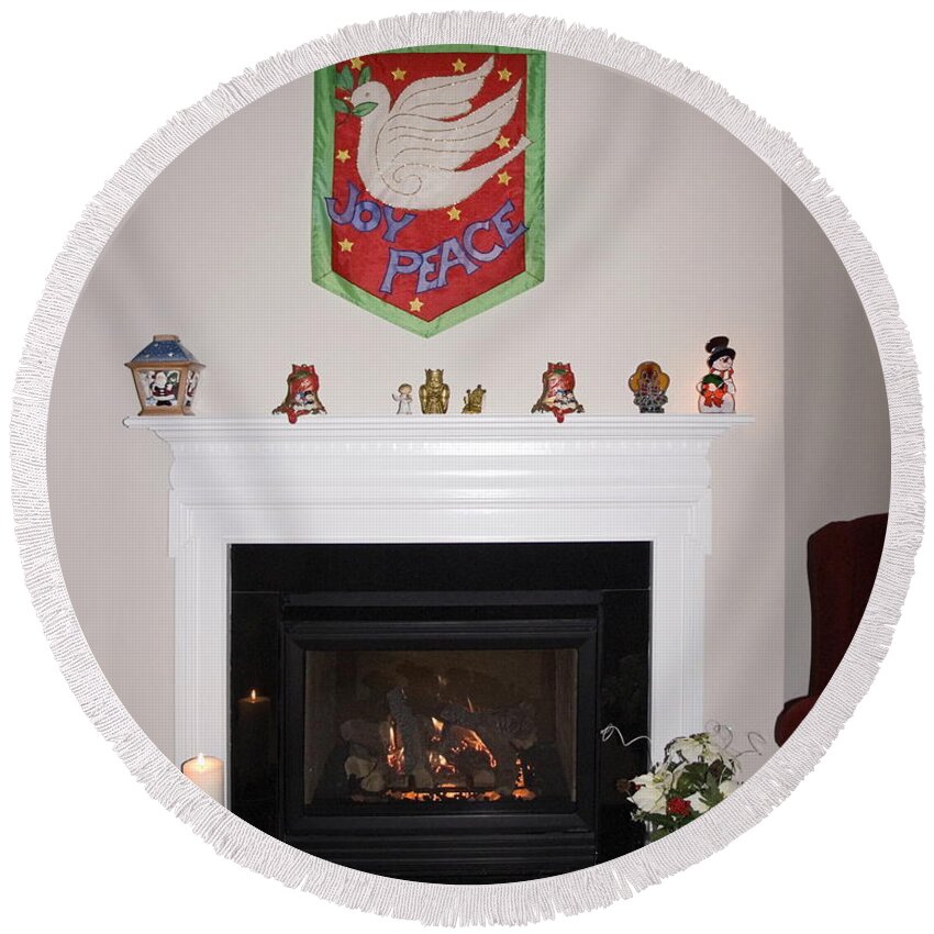 Fireplace Round Beach Towel featuring the photograph Fireplace at Christmas #1 by Sally Weigand