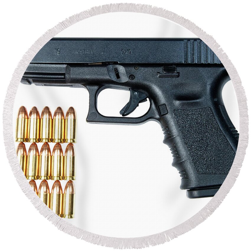 Cutout Round Beach Towel featuring the photograph Glock Model 19 Handgun With 9mm #1 by Terry Moore
