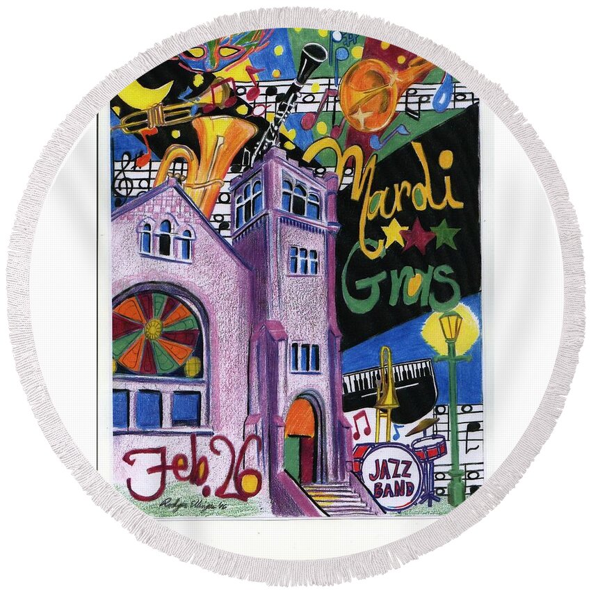 Church Round Beach Towel featuring the painting Mardi Gras #1 by Rodger Ellingson