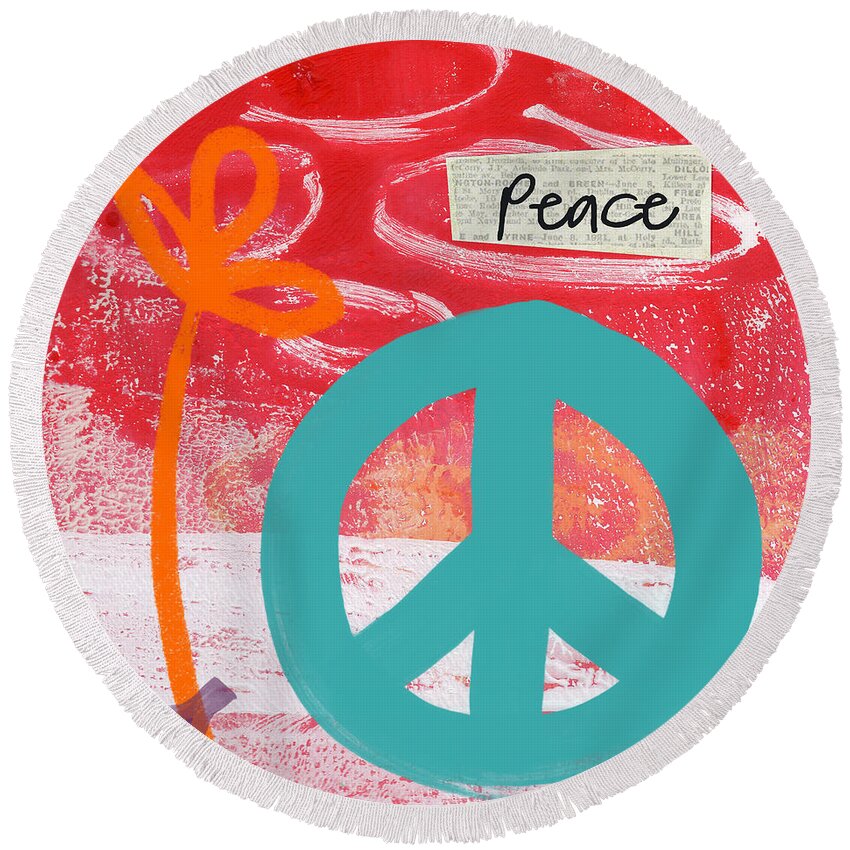 Abstract Round Beach Towel featuring the mixed media Peace #1 by Linda Woods