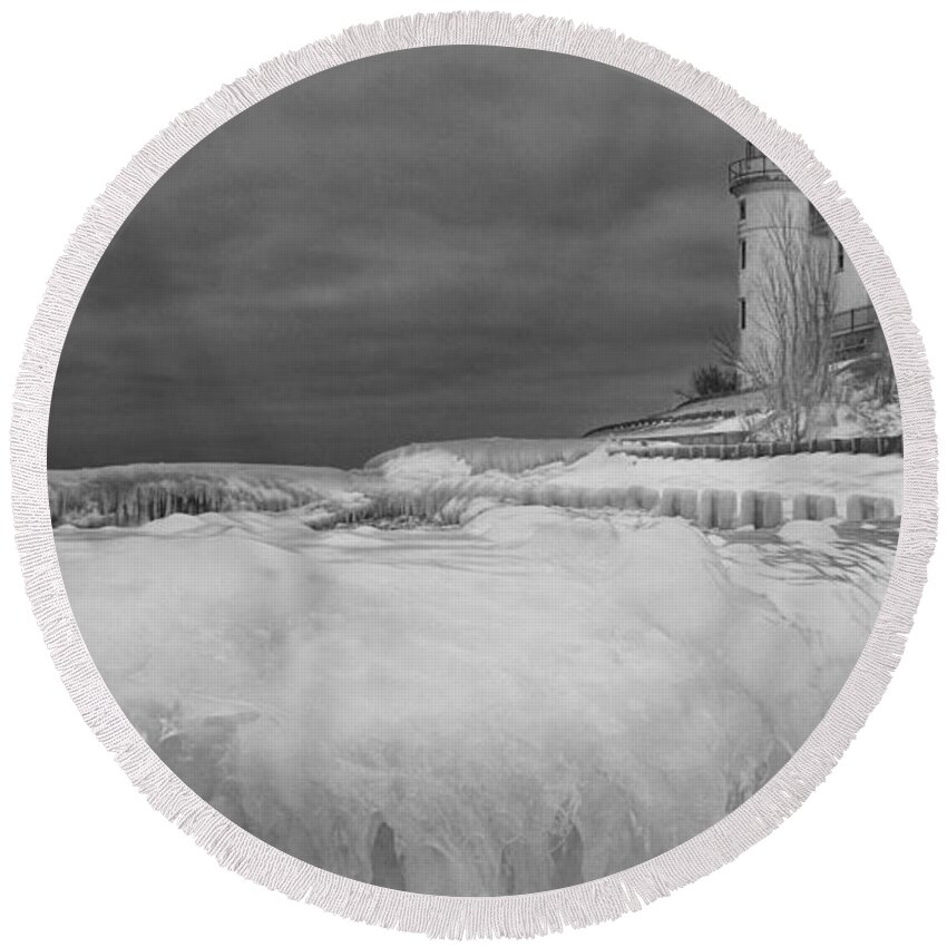 Art Round Beach Towel featuring the photograph Point Betsie Lighthouse in Winter #1 by Randall Nyhof