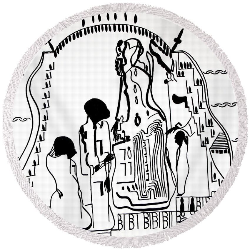 Jesus Round Beach Towel featuring the drawing Presentation of Jesus in the Temple #1 by Gloria Ssali