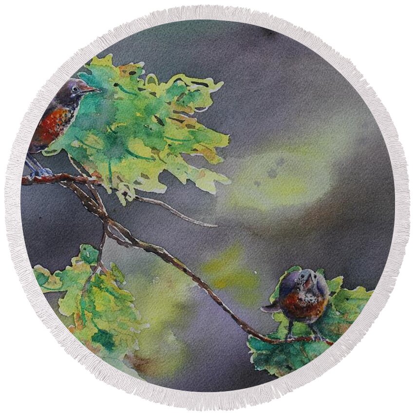 Robin Round Beach Towel featuring the painting Ready for Take Off by Ruth Kamenev