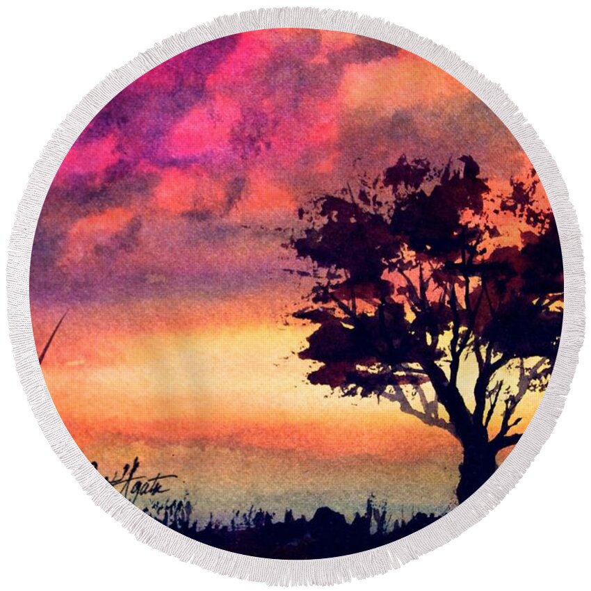 Red Round Beach Towel featuring the painting Sunset Solitaire by Frank SantAgata