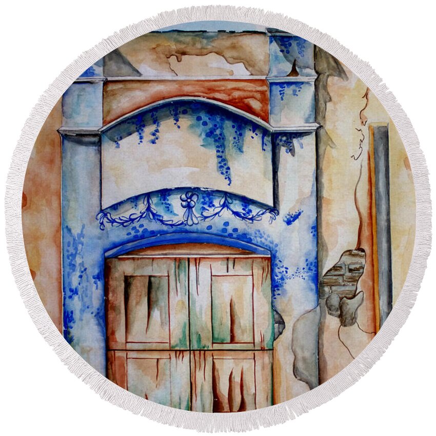 South Of The Border Round Beach Towel featuring the painting Window from Santiago #1 by Kandyce Waltensperger