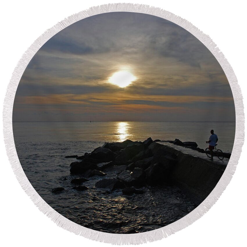 Jetty Man Bicycle Sunrise Round Beach Towel featuring the photograph 13- The Witness by Joseph Keane