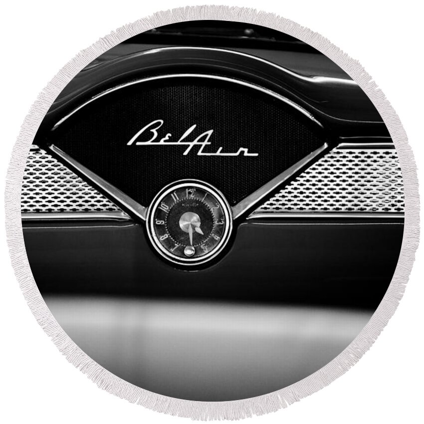 1955 Bel Air Round Beach Towel featuring the photograph 1955 Chevy Bel Air Glow Compartment in Black and White by Sebastian Musial