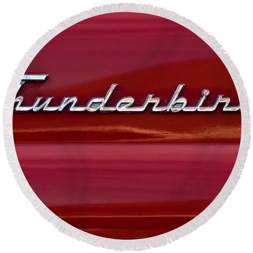 1955 Ford Thunderbird Round Beach Towel featuring the photograph 1955 Ford Thunderbird Rear Tail Emblem by Onyonet Photo studios