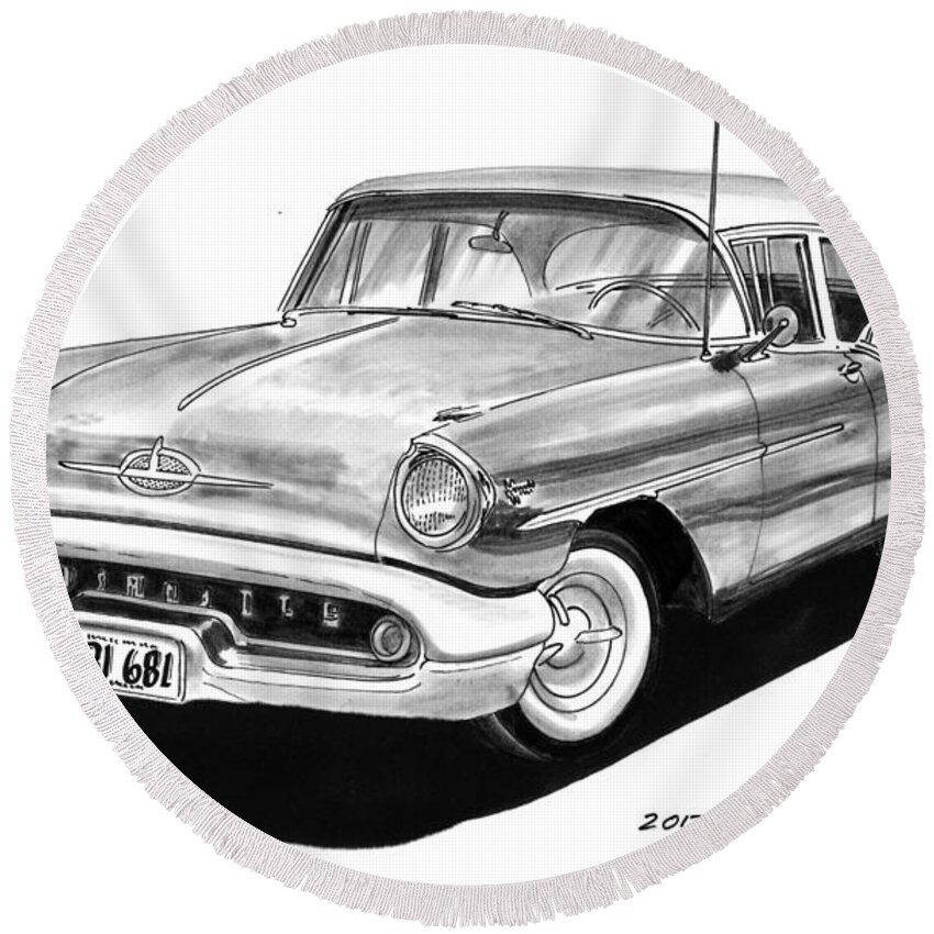 See This Artwork Of A 1957 Oldsmobile Super 88 By Jack Pumphrey At The 2017 Oldsmobile National Meets In Albuquerque Round Beach Towel featuring the painting Oldsmobile Super 88 by Jack Pumphrey