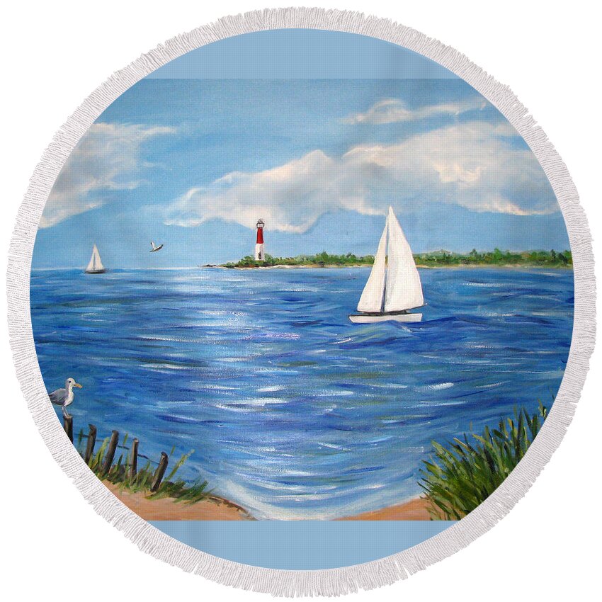 Lighthouse Round Beach Towel featuring the painting Bayville 3 #2 by Clara Sue Beym