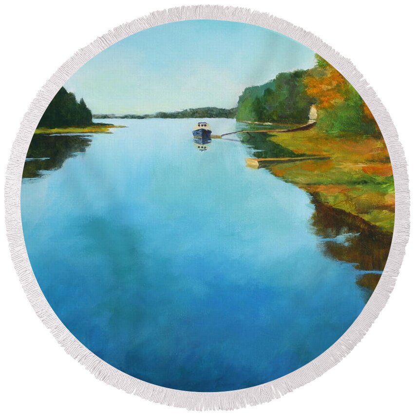 Summer Cottage Round Beach Towel featuring the painting Little River Gloucester #1 by Claire Gagnon