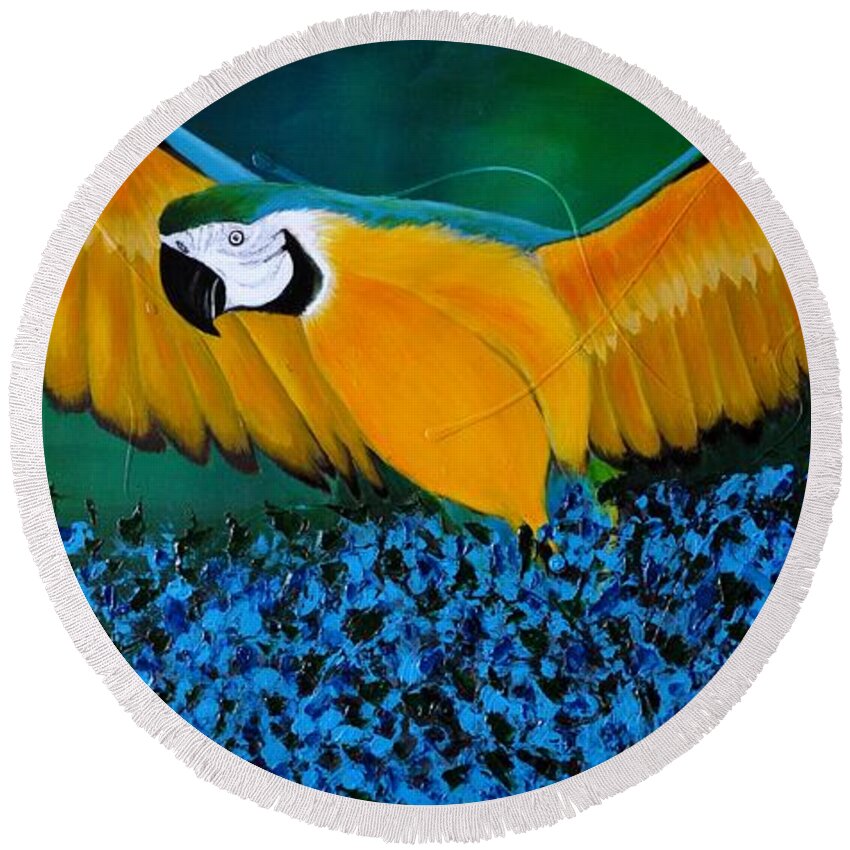 Macaw Round Beach Towel featuring the painting Macaw On The Rise by Preethi Mathialagan