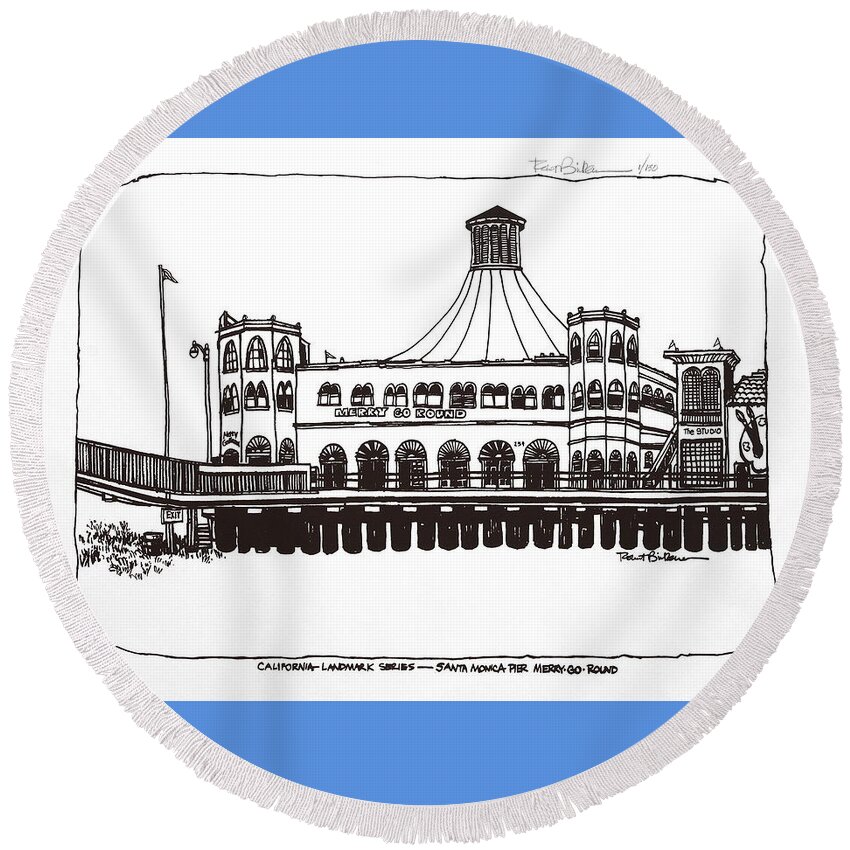 Santa Monica Pier Merry-go-round Building California Round Beach Towel featuring the drawing Santa Monica Pier Merry-Go-Round #2 by Robert Birkenes
