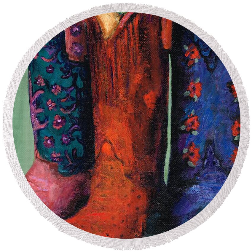Cowgirl Boots Round Beach Towel featuring the painting Threes Company #2 by Frances Marino