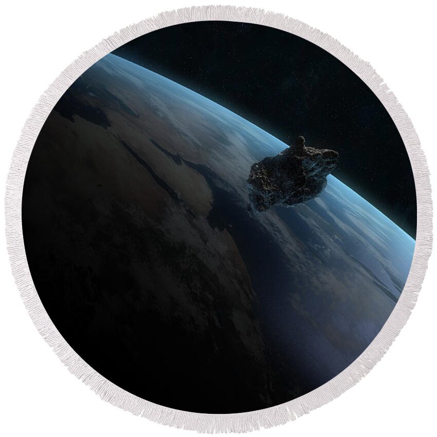Horizontal Round Beach Towel featuring the digital art Asteroid In Front Of The Earth #3 by Carbon Lotus