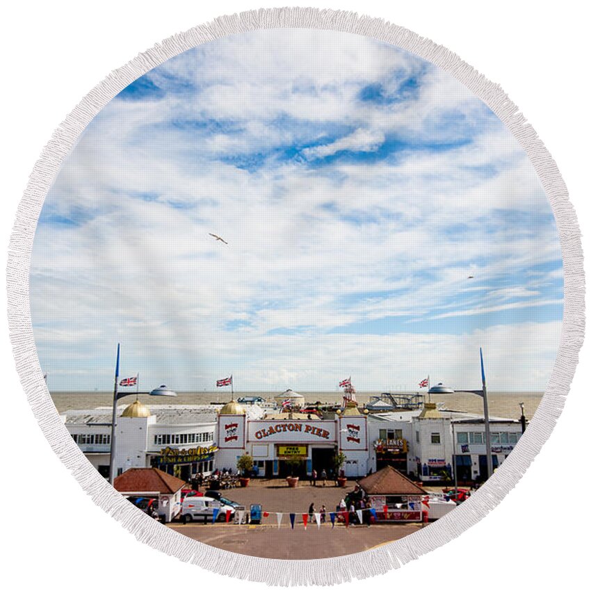 Beach Round Beach Towel featuring the photograph Clacton Pier #3 by Dawn OConnor