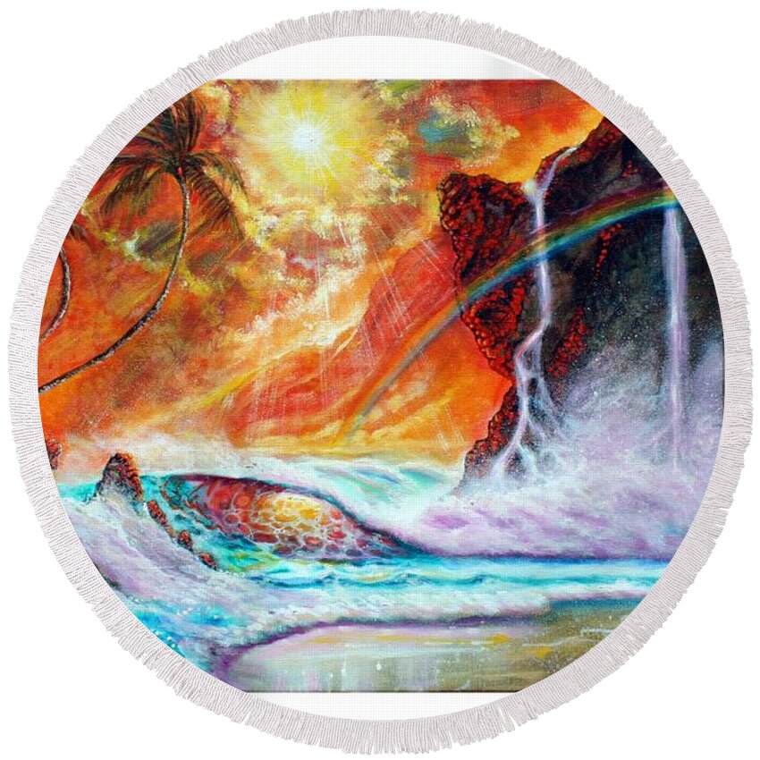 Hawaii Seascape Round Beach Towel featuring the painting Hawaii Sunset #2 by Leland Castro