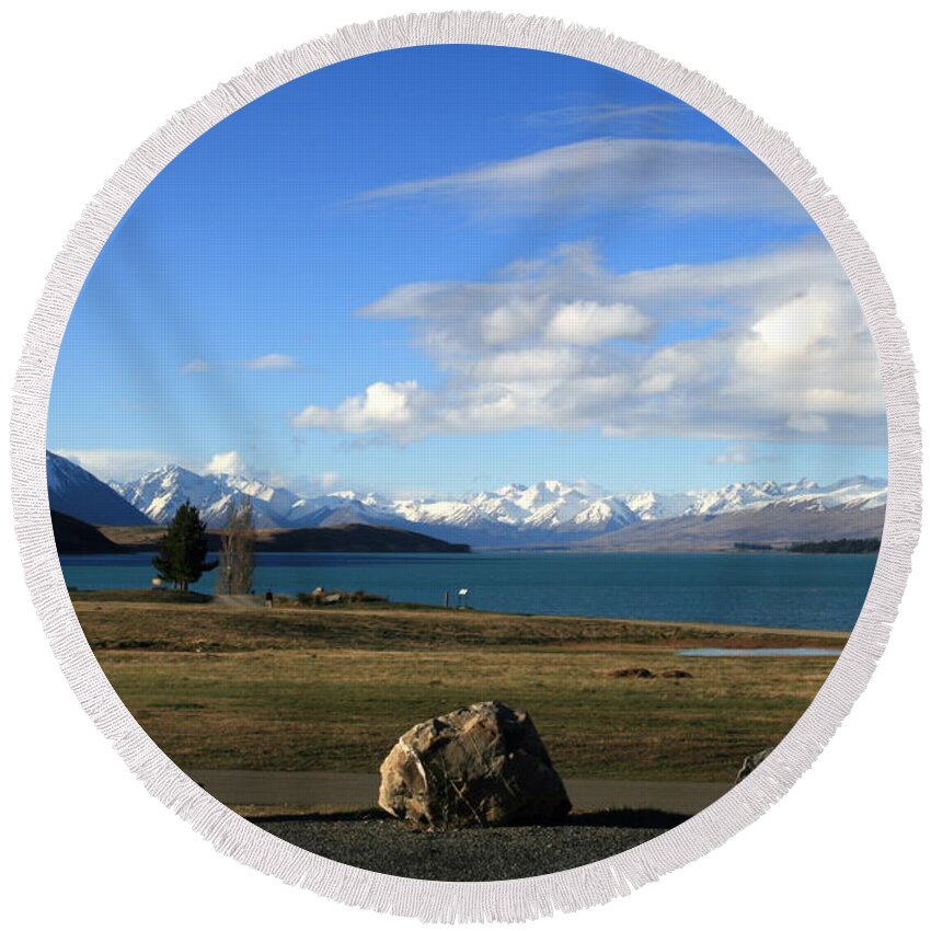 Mountains Round Beach Towel featuring the photograph 3 Rocks and a Vista by Jan Lawnikanis