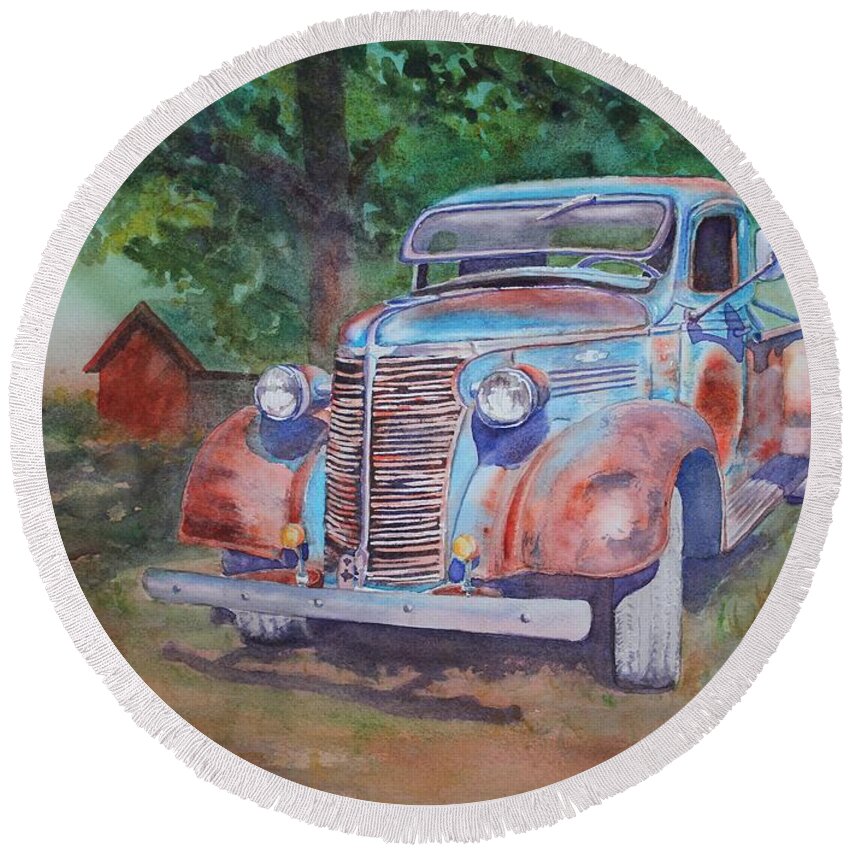 Old Truck Round Beach Towel featuring the painting '38 Chevy by Ruth Kamenev