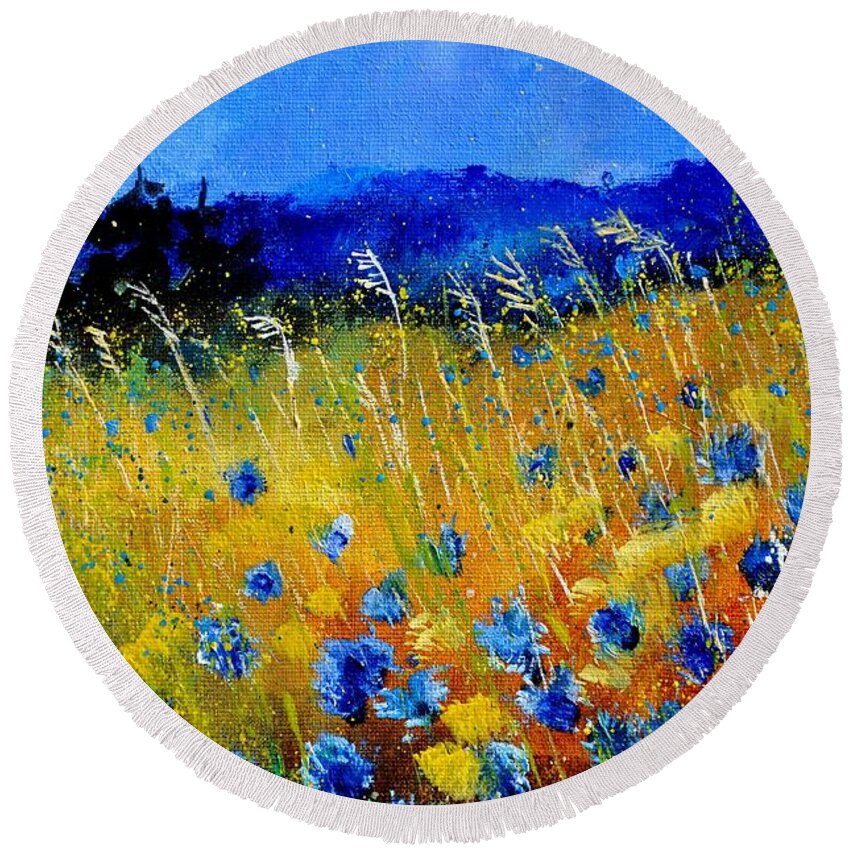 Flowers Round Beach Towel featuring the painting Blue cornflowers by Pol Ledent