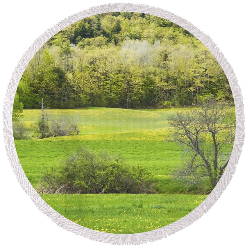 Spring Round Beach Towel featuring the photograph Spring Farm Landscape With Dandelion bloom in Maine #4 by Keith Webber Jr