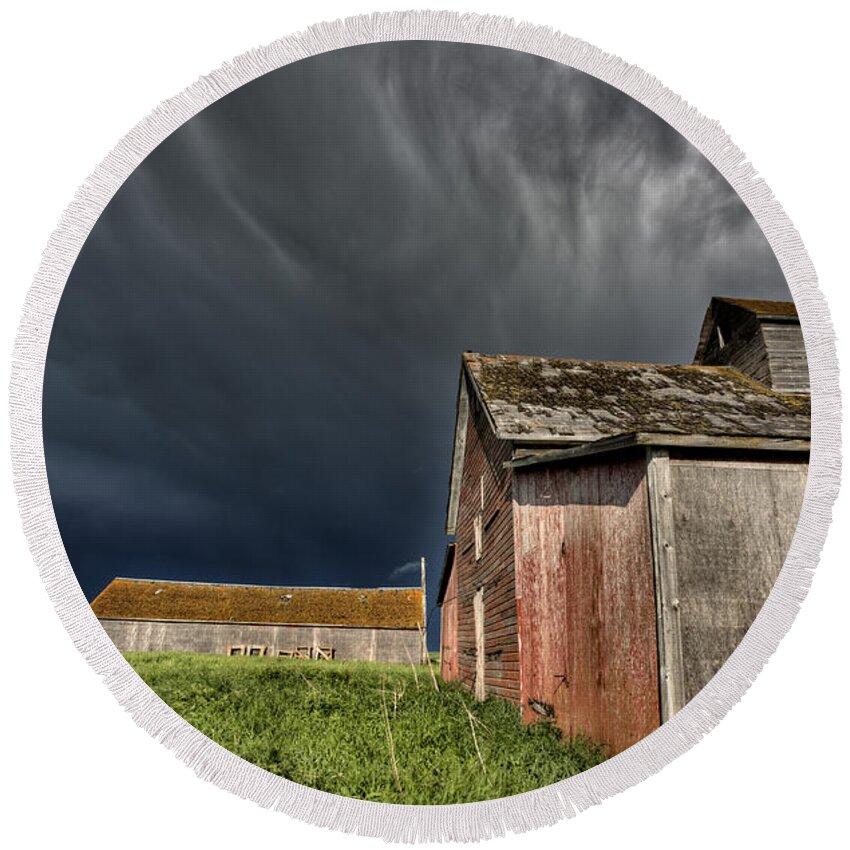 Abandoned Round Beach Towel featuring the digital art Abandoned Farm #5 by Mark Duffy