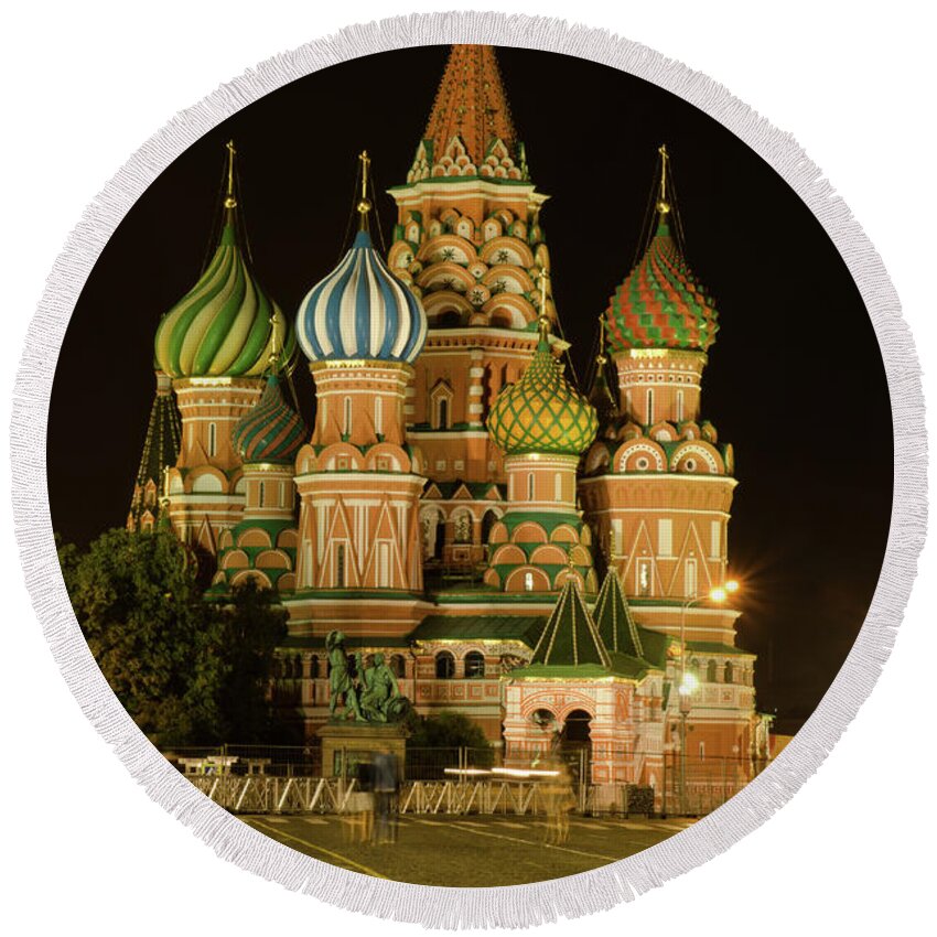 Kremlin Round Beach Towel featuring the photograph Red Square in Moscow at night #6 by Michael Goyberg