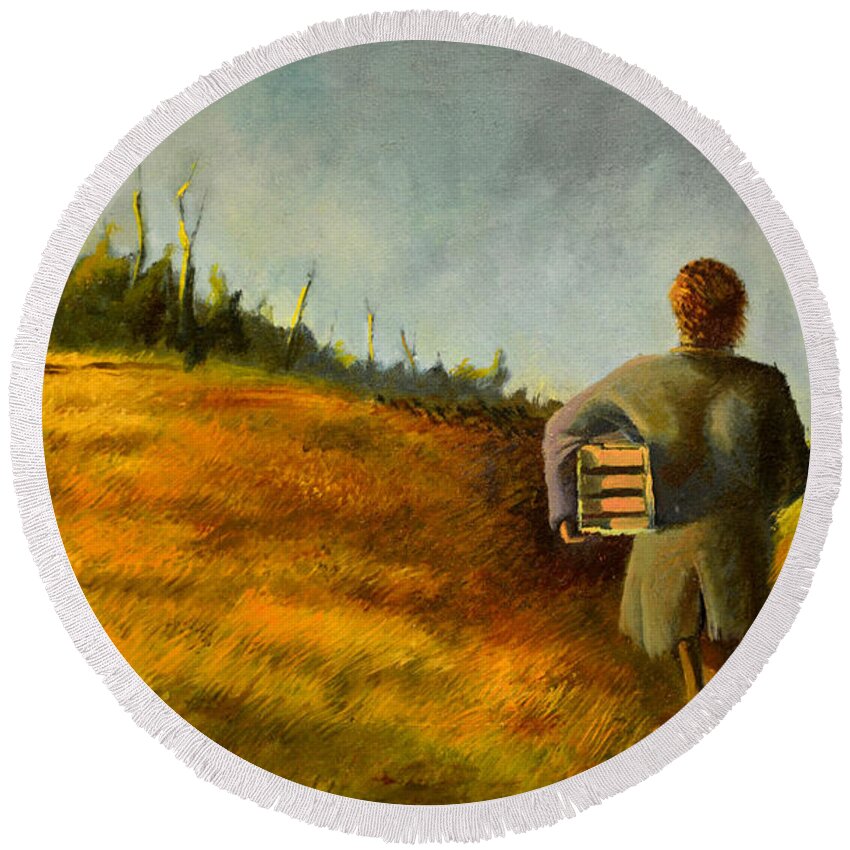 Box Round Beach Towel featuring the painting A Box and Figure by Christopher Shellhammer