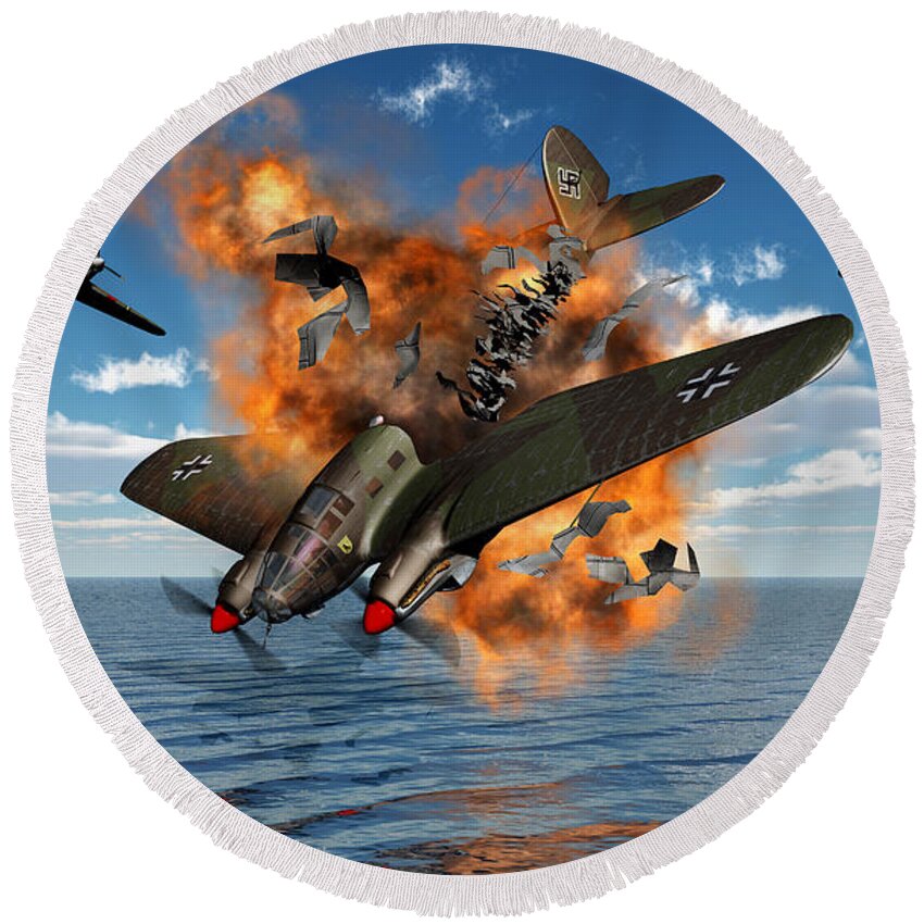 Motion Round Beach Towel featuring the digital art A German Heinkel Bomber Crashes by Mark Stevenson