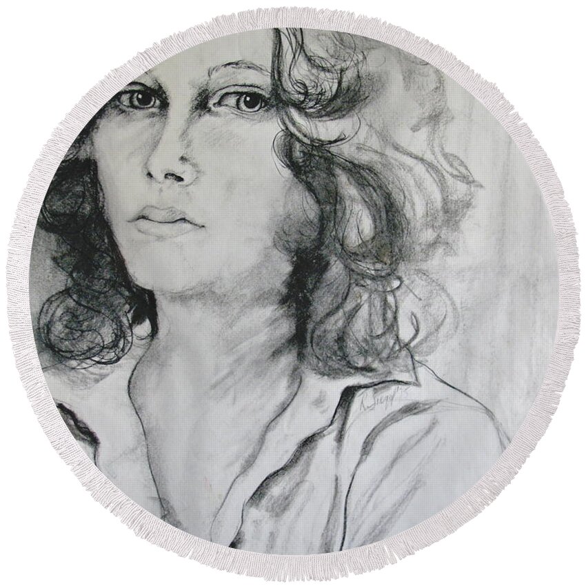 Portrait Round Beach Towel featuring the drawing A Look Within by Rory Siegel