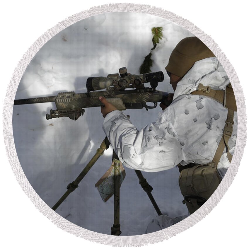 Adults Only Round Beach Towel featuring the photograph A Scout Sniper Prepares His Shot by Stocktrek Images