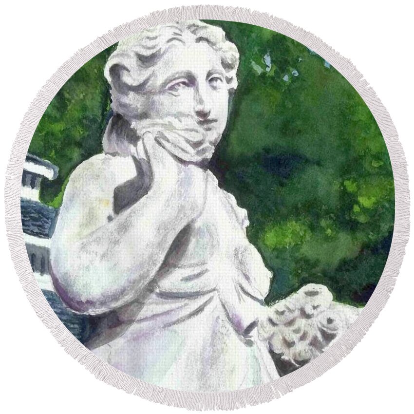  Statue Round Beach Towel featuring the painting A Statue At The Wellers Carriage House -1 by Yoshiko Mishina