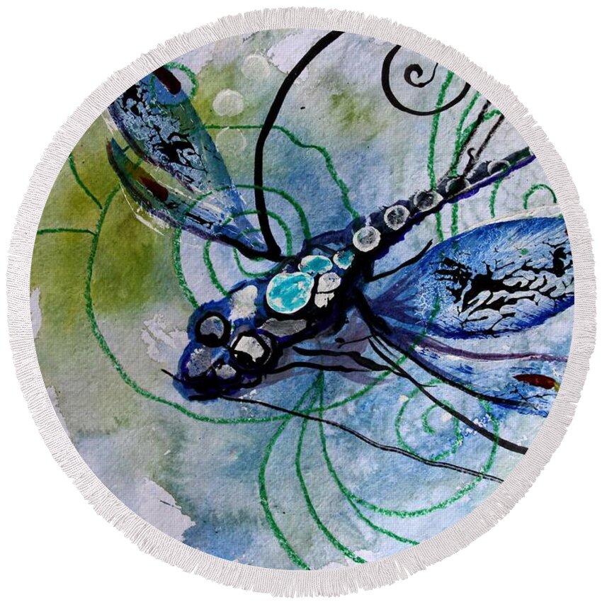 Dragonfly Round Beach Towel featuring the painting Abstract Dragonfly 10 by J Vincent Scarpace