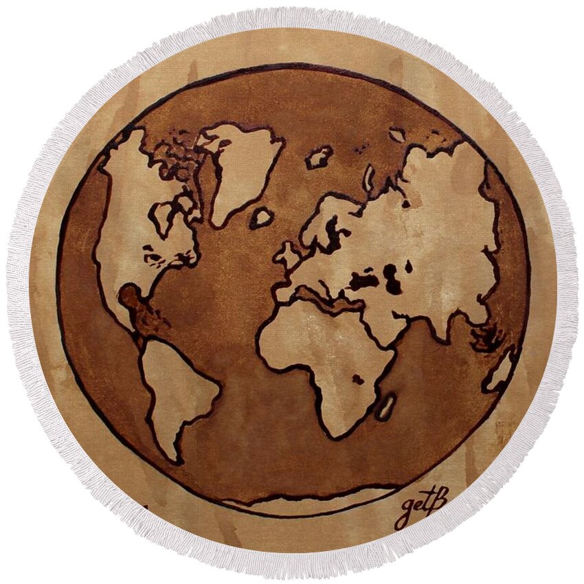 World Map Round Beach Towel featuring the painting Abstract World Globe Map coffee painting by Georgeta Blanaru