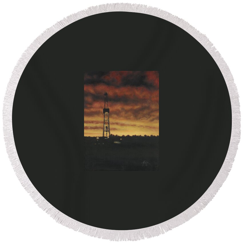 Drilling Rig In Sunset Round Beach Towel featuring the painting All Lit Up by Tammy Taylor