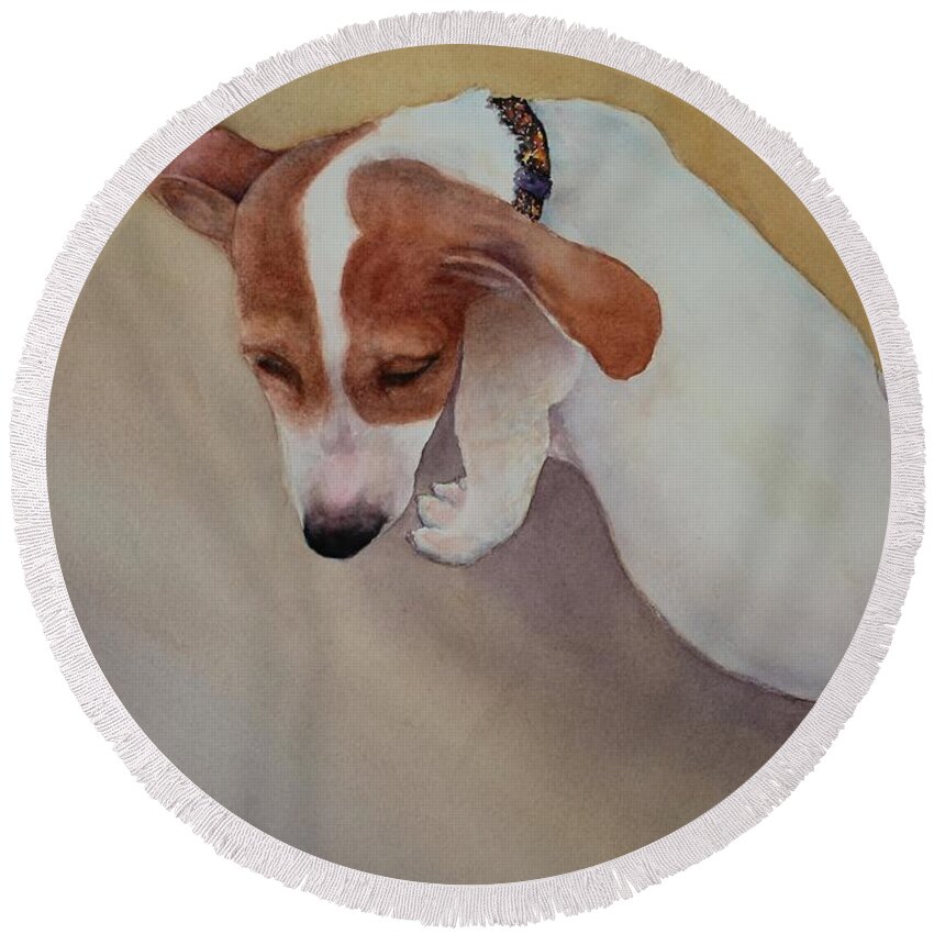 Puppy Round Beach Towel featuring the painting All Played Out by Ruth Kamenev