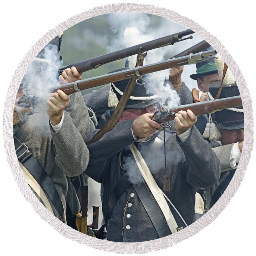 War Of 1812 Round Beach Towel featuring the photograph American Infantry Firing by JT Lewis