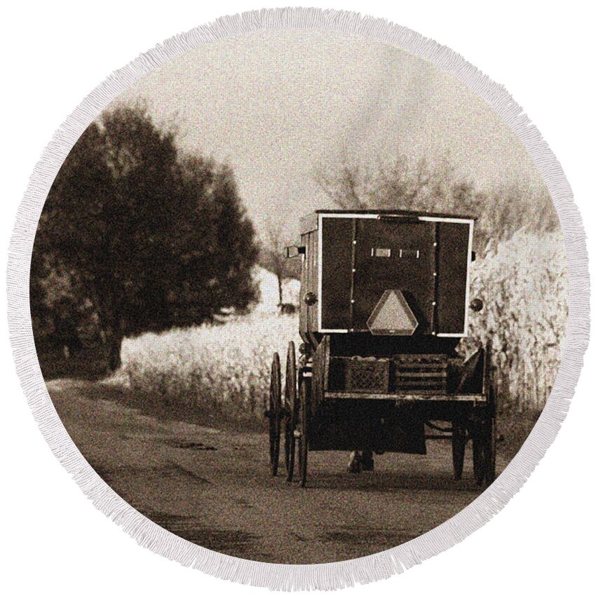 Amish Round Beach Towel featuring the photograph Amish Buggy and Wagon by David Arment
